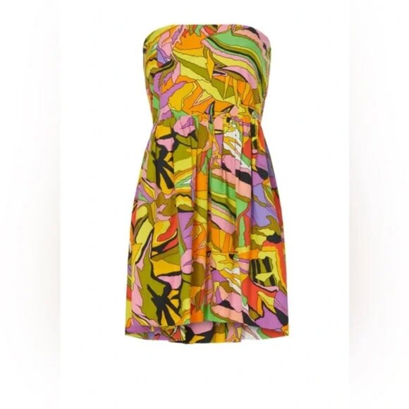 S/W/F Birds of Paradise strapless abstract cotton babydoll tropical Mini Dress M - Picture 7 of 13